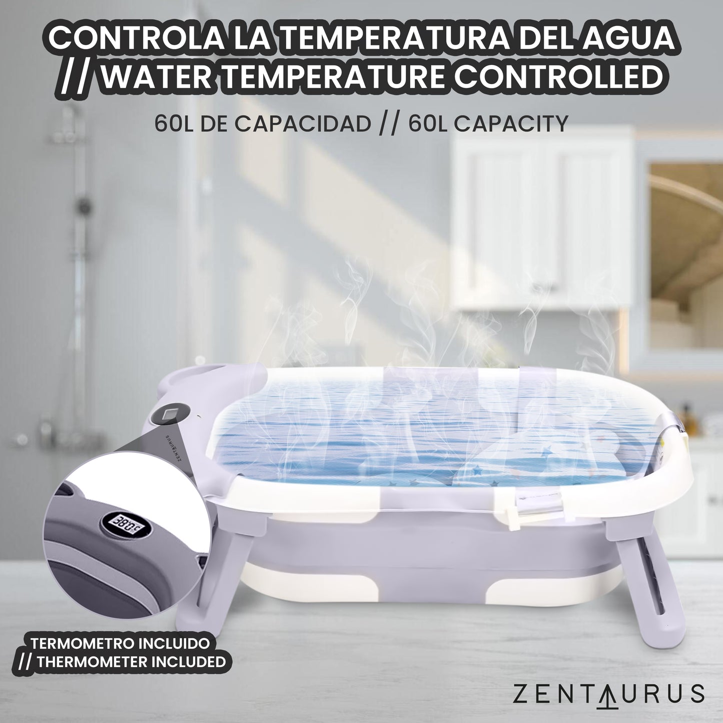 BAÑERA PLEGABLE BEBE - TERMOMETRO, PILAS Y ASIENTO BAÑO BEBE INCLUIDO