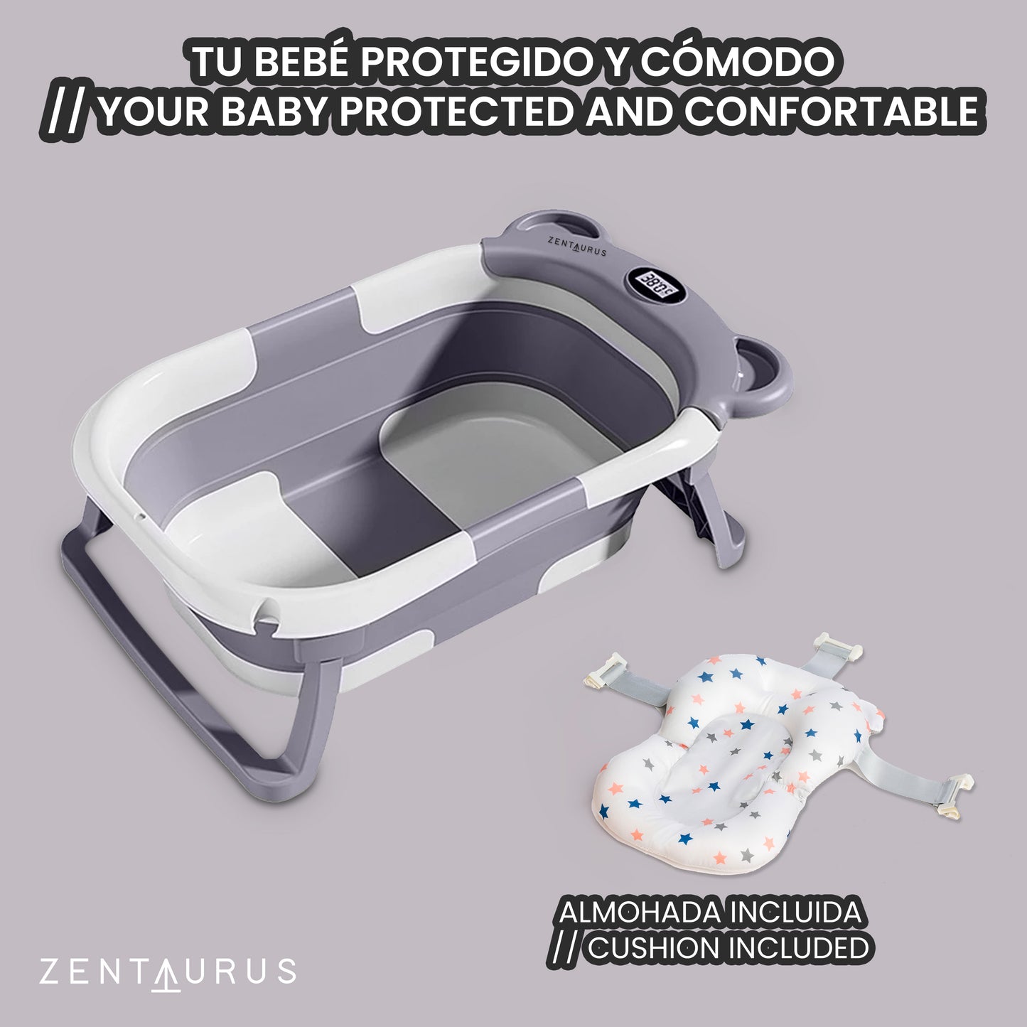 BAÑERA PLEGABLE BEBE - TERMOMETRO, PILAS Y ASIENTO BAÑO BEBE INCLUIDO